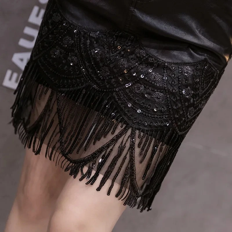 

New High-Waisted Fashion Look Slimmer Embroidered Leather Skirt Autumn Winter Fringe Sequin Splicing Medium Long Dress For Women