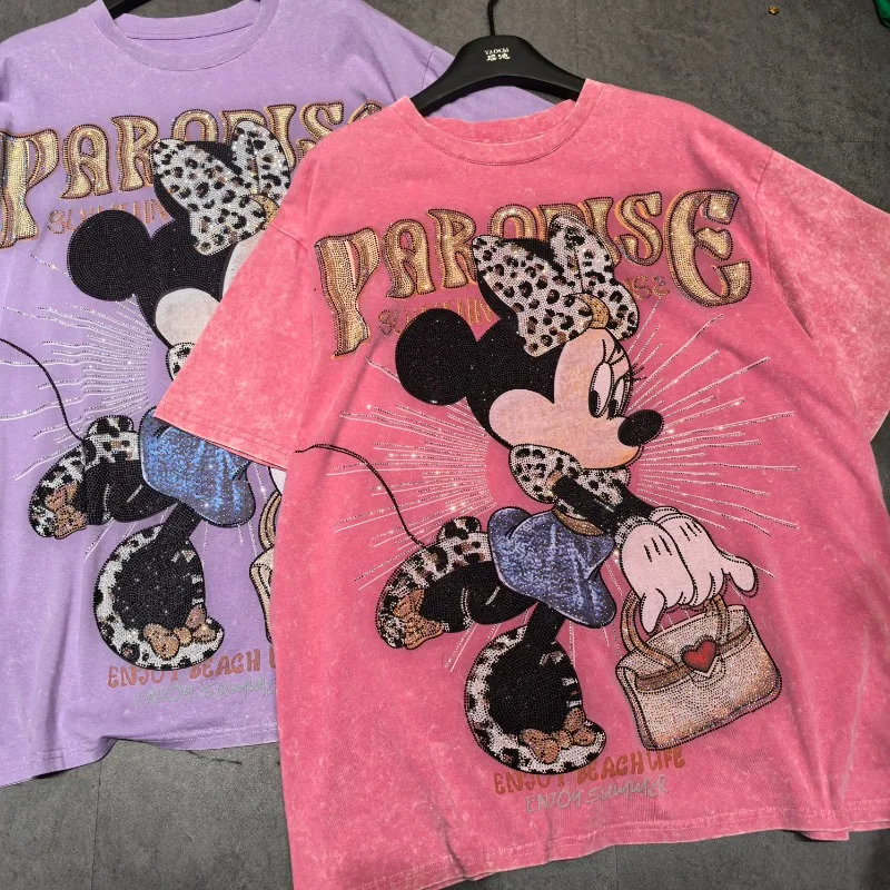 Washed Water Short-sleeved T-shirt Women's 2025 New Summer Loose Cartoon Printed Diamond Drills Top Oversized Tshirts Pullover