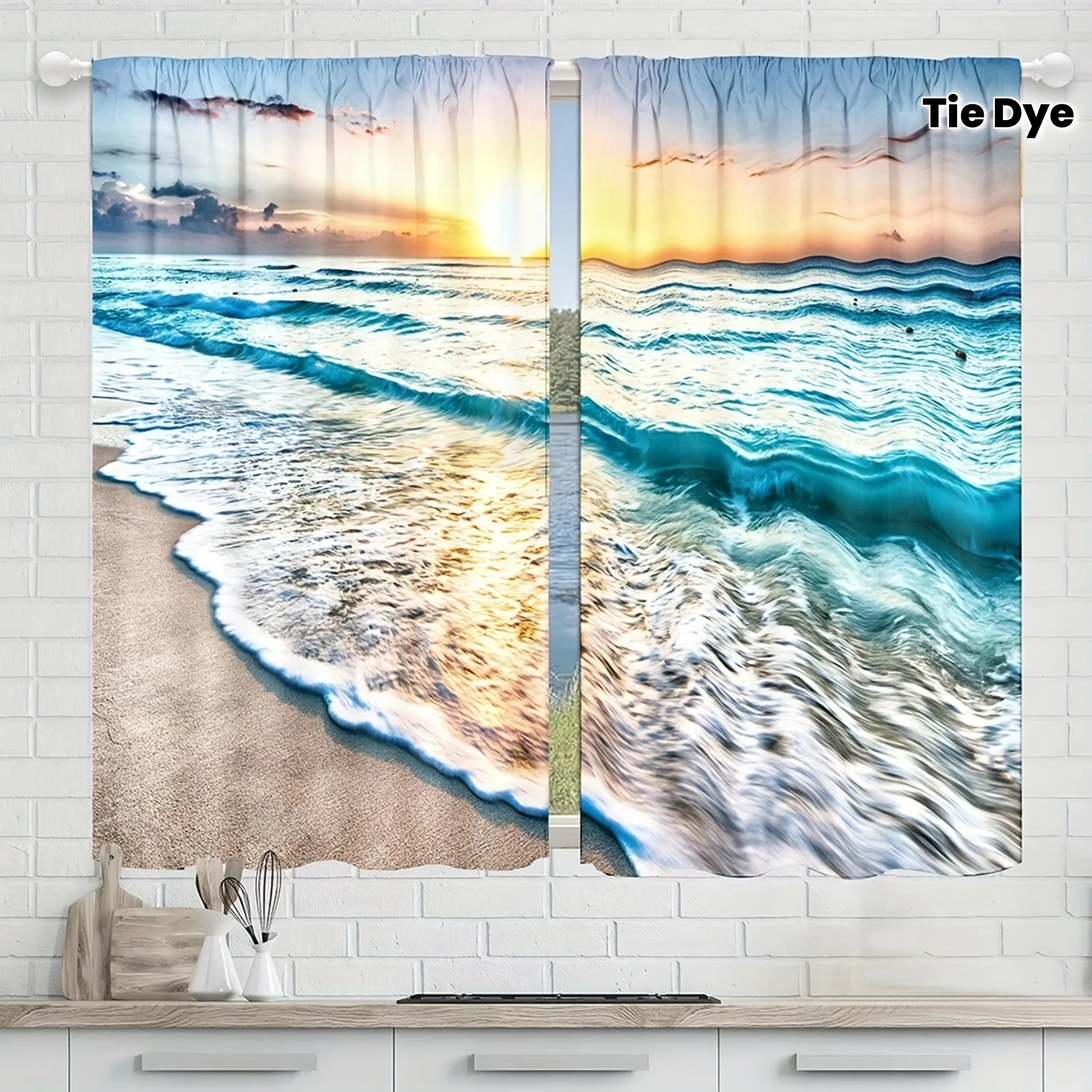 2 Cortinas con Estampado de Olas del Océano al Atardecer, Multicolor, para Dormitorio y Sala de Estar, Estilo con Bolsillo para Barra
