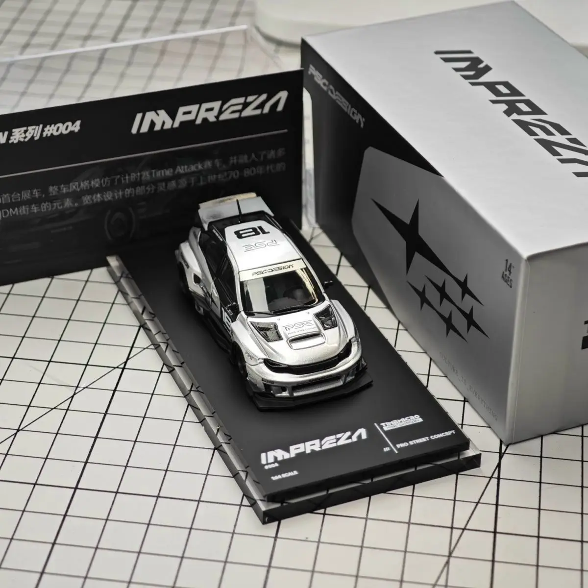 TMxPSC Diecast 1:64 Impreza Raid Silver & Black Original Design Alloy Model Car, Collectible Display Toy Vehicle Gift for Boys