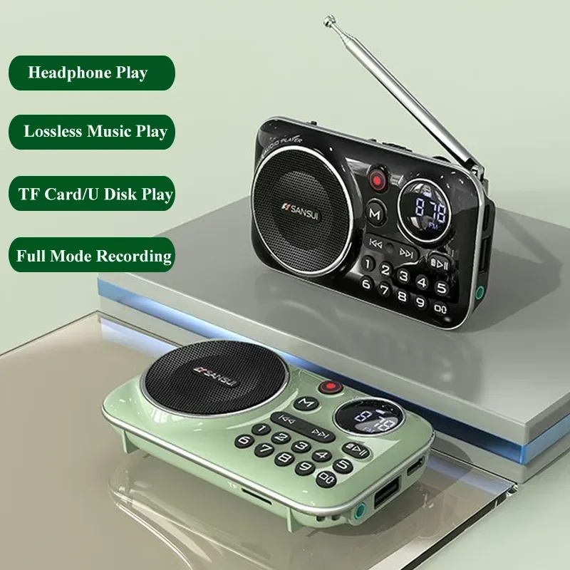 Portable Mini Radio Pocket FM Receiver Bluetooth5.0 Speaker HIFI TF/U Disk MP3 Music Player Support Recording Headphones Play