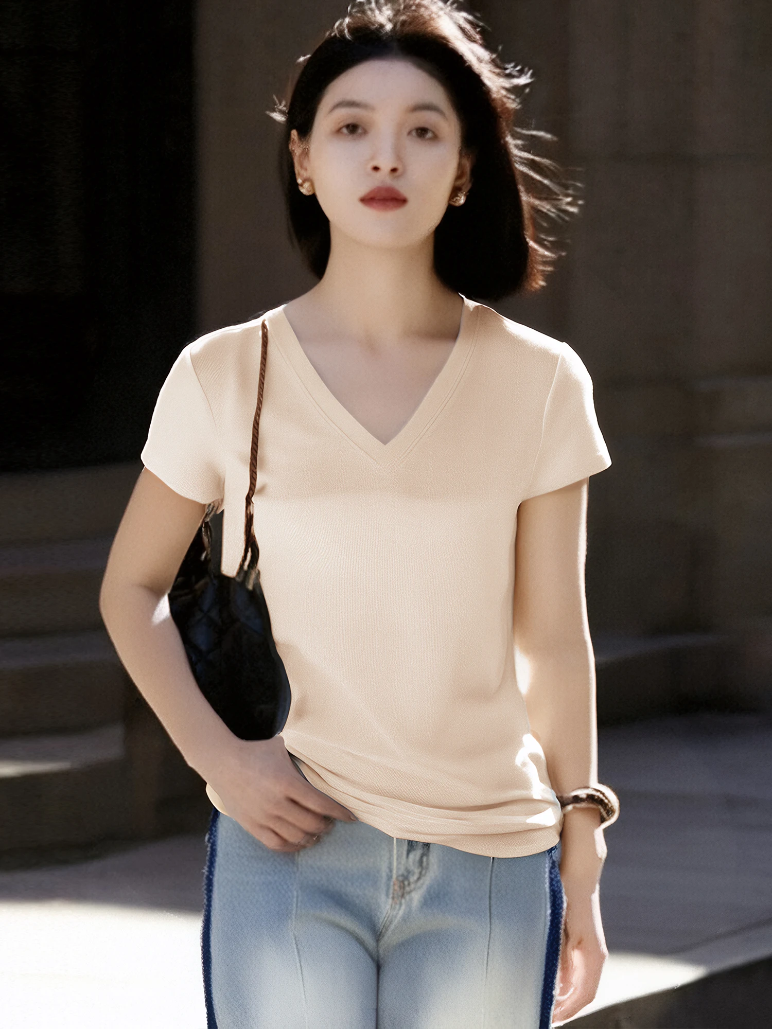 

Новая летняя женская футболка с коротким рукавом и V-образным вырезом, стандартный крой, из смесового льна, универсальный модный топ Chivirin 077