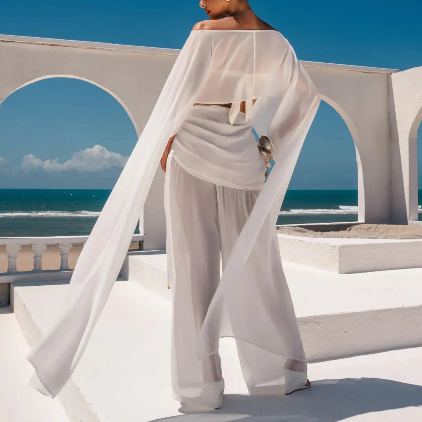 Women Chiffon Long Cape Mesh Sheer See Thru Coverup High Low Flowy Poncho Wraps Capelets Bridal Wedding Evening Party