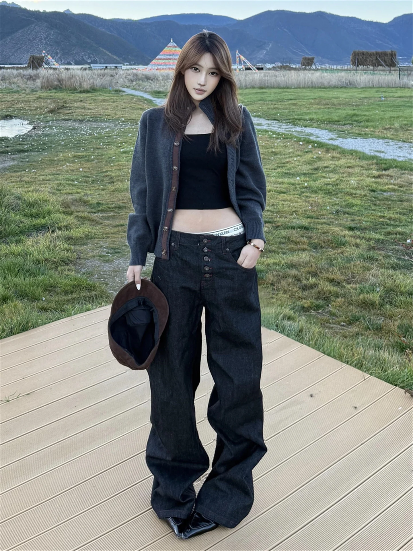 

Американские джинсы в уличном стиле с высокой талией и широкими штанинами, женские свободные струящиеся длинные повседневные прямые брюки из хлопка для весеннего сезона