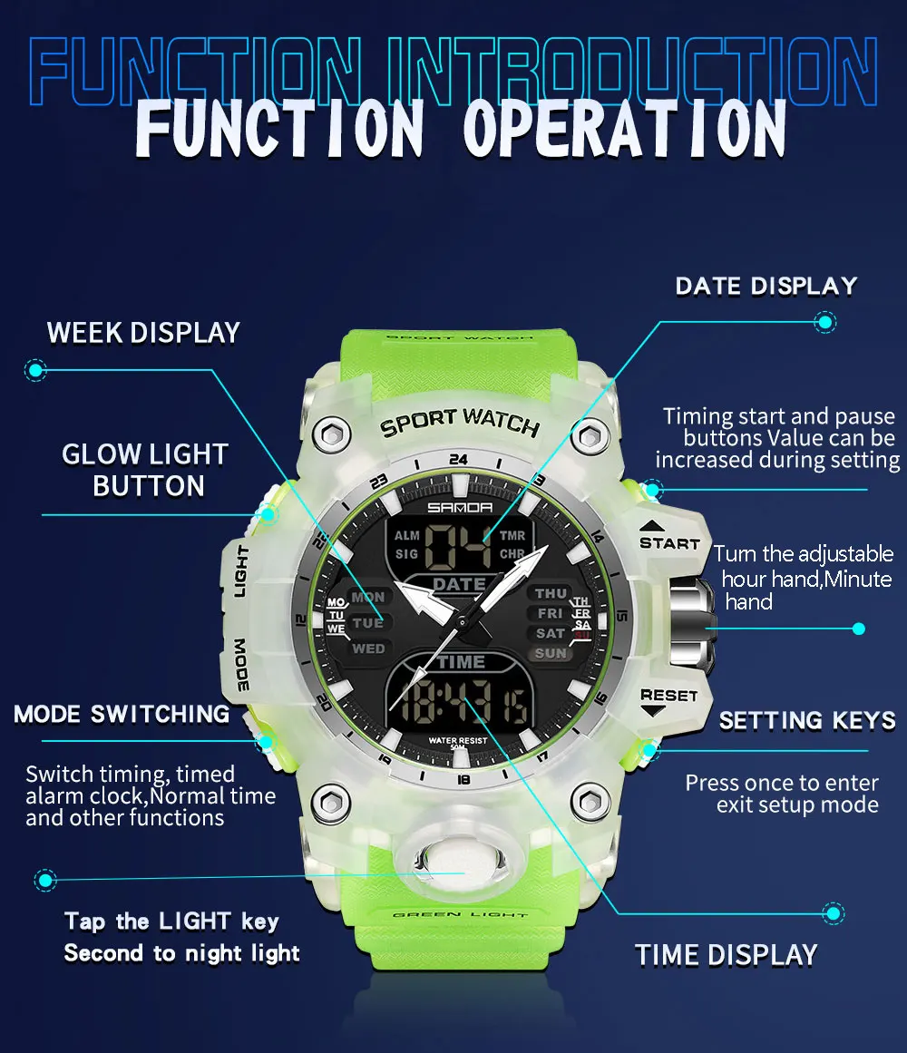 Men Watches 50m Waterproof Sports Watch Military Man Sports Watch Dual Display Watch Reloj Hombre Quartz Led Relogios Masculino