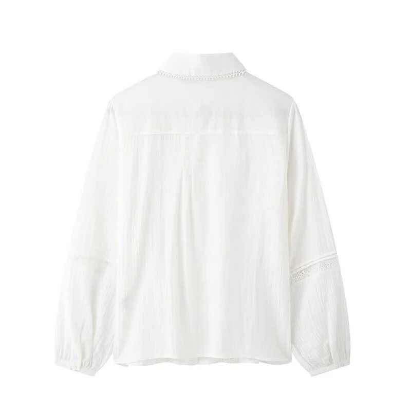 

Spring 2025 Women's Cotton irt New Arrival Decorative Straight Lace And Pleat Trim Simple Design Long Sve Loose Fit