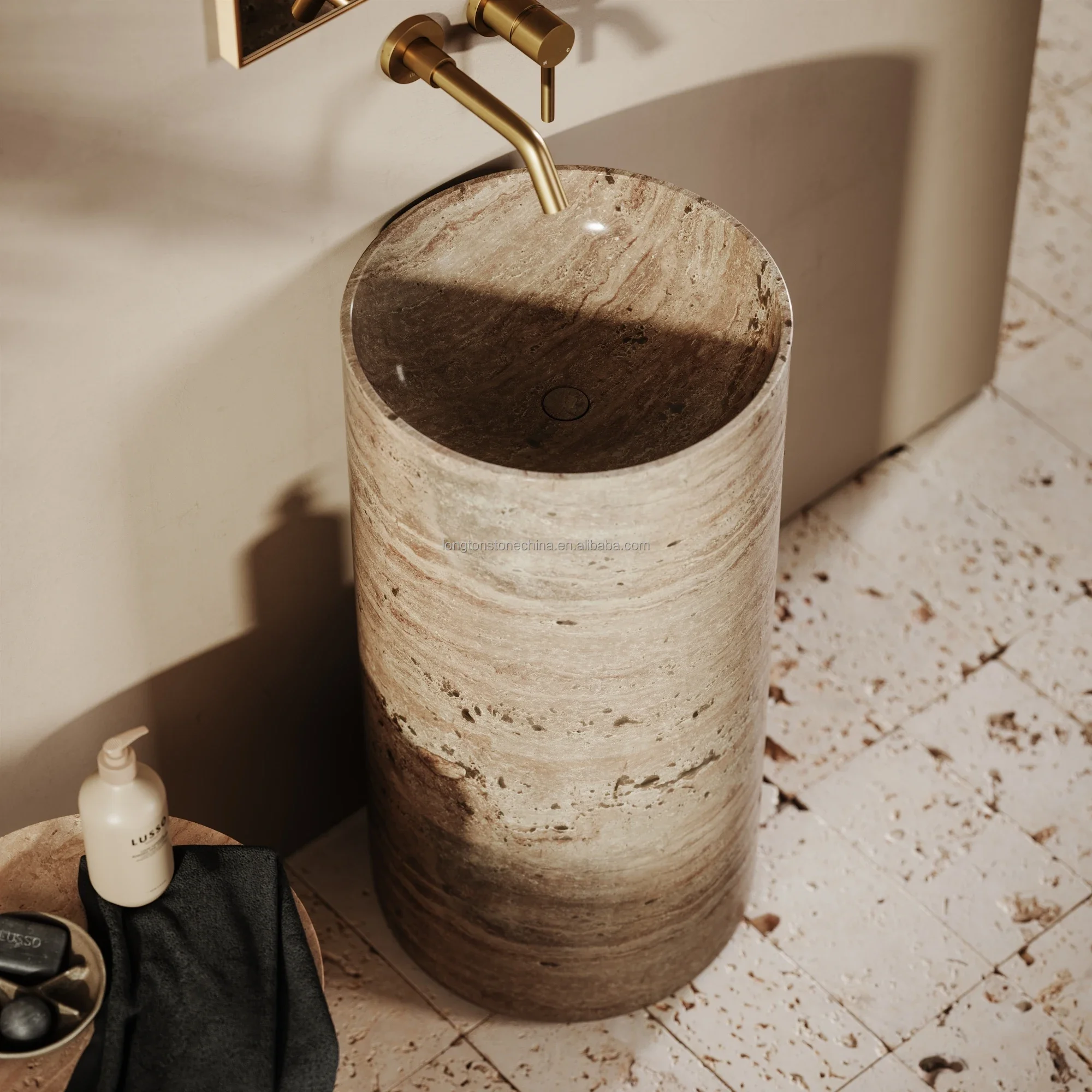 Beige Travertine Marble Bathroom Sink Hotel Home Freestanding Marble Washbasins Cylinder Travertine Pedestal Sink