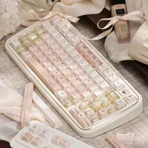 Champagne Color Keycap Set Cherry Profile PBT+PC Translucent Custom for Mechanical Keyboard Elegant Gentle Key Cap Girls Gifts