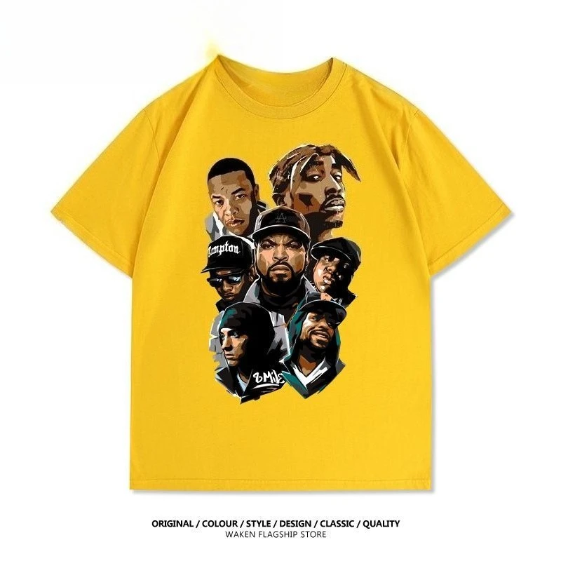 

West Coast Rap Eminem 2PAC Dog Brother Rock Hip Hop Summer Cotton Short Sleeve T-Shirt Men's and Women's Loose Casual Cotton Top