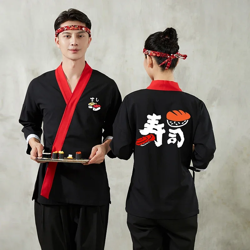 Japanese Style Chef Coat Sushi Restaurant Kimono Cook Uniform Shirts Waiter Overalls Izakaya Chef Work Clothes Top Jackets Apron