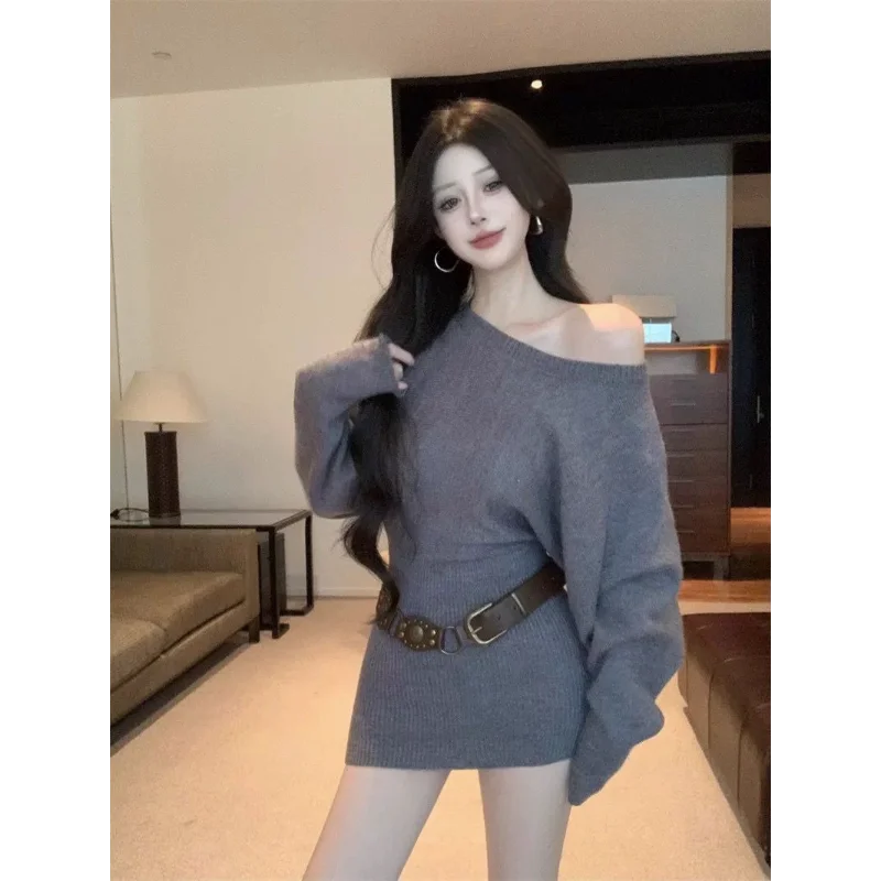 

Off-shoulder Khaki Dress Sweater Elegant Waist Short Skirt Lazy Style Hip-hugging Long Sleeves