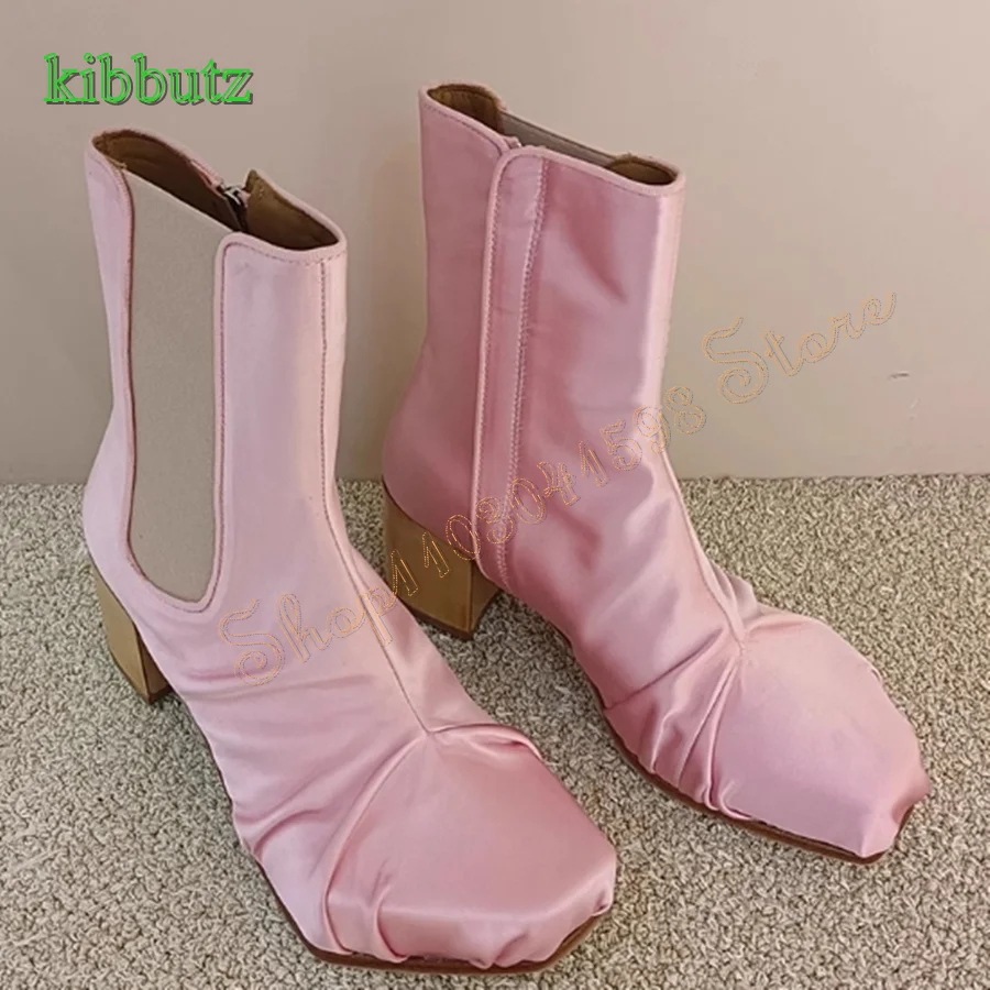 

Fashion Round Toe Silk Stretch Boots,Thick Heel Zipper Mid Calf Boots Party Women Boots Plus Size 2023 New Zapatos Para Mujere