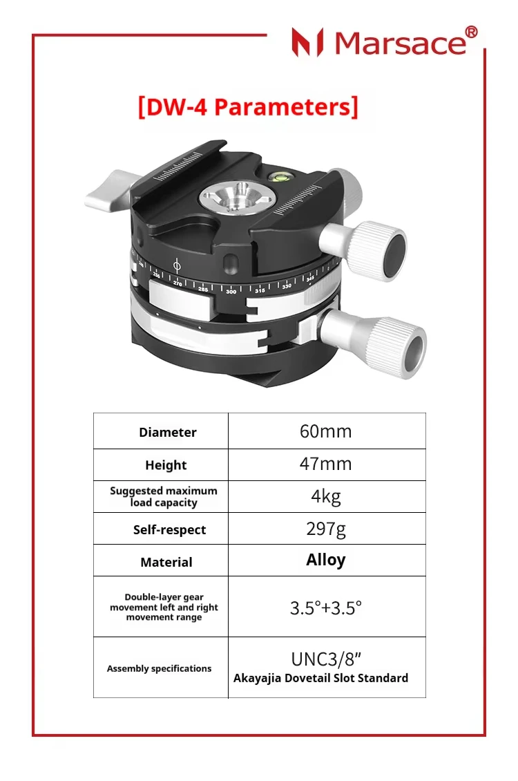 Marsace DW-4 Panorama-Stativkopf mit Getriebe, Arca QR, Wasserwaage, präzise Einstellung für Canon, Sony, Nikon, Fuji, DSLR, spiegellose Kameras, Stativ, Einbeinstativ – Detail 13