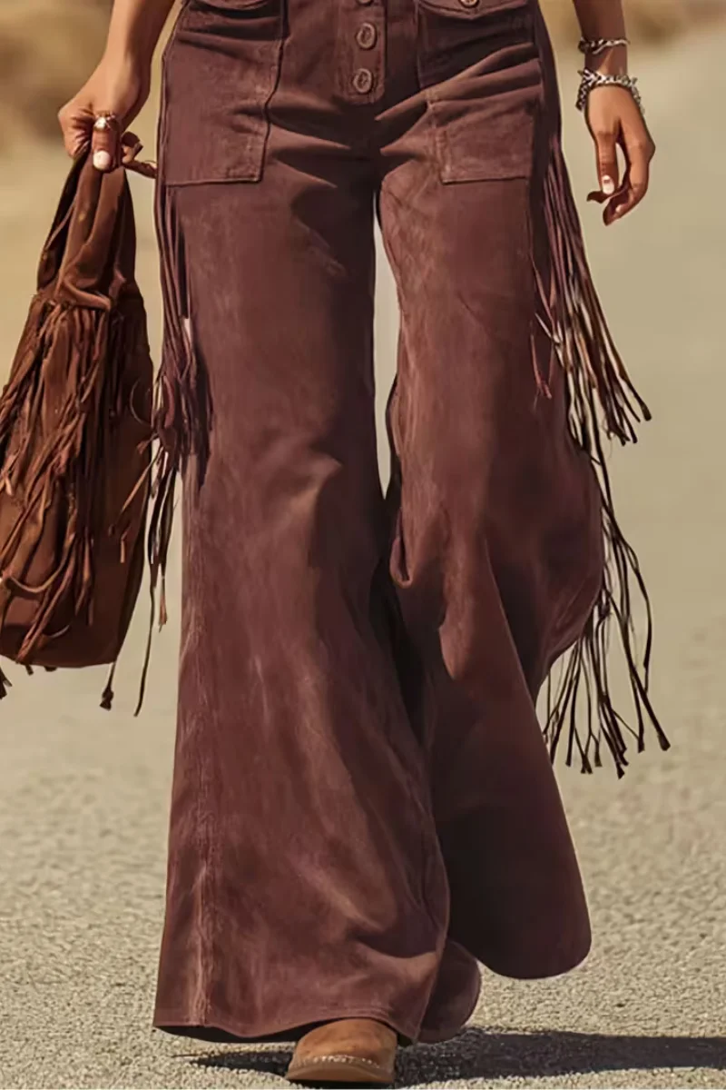 여성용 봄, 가을, 겨울 보헤미안 스타일 프린지 트림 오버올, 조절 가능한 스트랩과 버클, 루즈한 와이드 레그 디자인, 캐주얼 착용, 출퇴근, 데이트 및 세미 포멀한 행사에 적합 - 웨스턴 보헤미안 스타일 점프수트