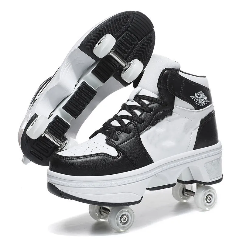 Deformation Roller Skates Shoes Double Row 4-Wheel Skates Roller Shoes with Wheels Dual-Purpose Roller Sneakers Skateboard Shoes