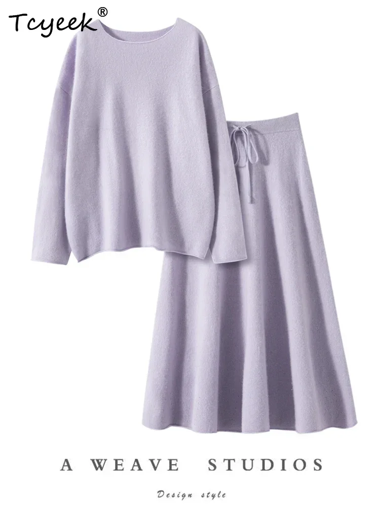 Bohemia Women's Sweater Suite 100% Cashmere Loose Pullover A-Line Long Skirt Set Spring Autumn Wave Skirt Knit Rolled Edge Dress