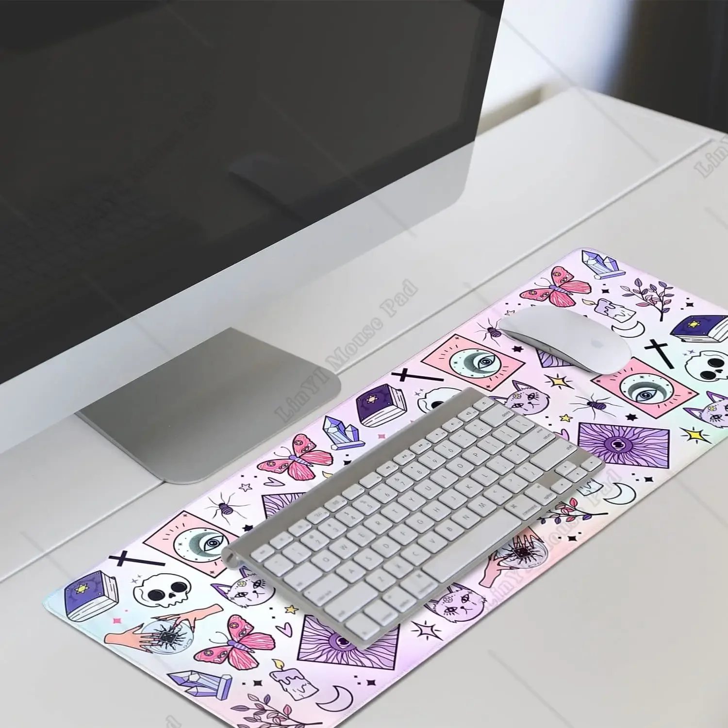 Kawaii Mouse Pad XL น่ารักขนาดใหญ่ Gaming Mouse Pad สีม่วงสีชมพูแม่มด Mouse Pad Spooky แม่มดฮาโลวีน Desk Decor 31.5X11.8 นิ้ว