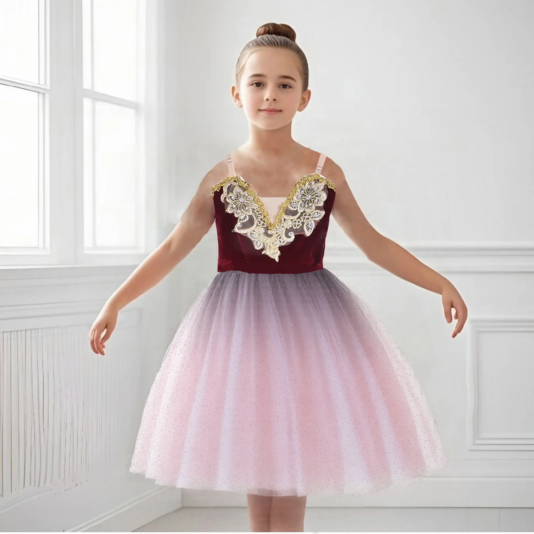 Abbigliamento da ballo per bambini Tutù di fiori con paillettes Abito da balletto per ragazza Abito da tutu di danza moderna Abito da principessa per balletto per ragazze