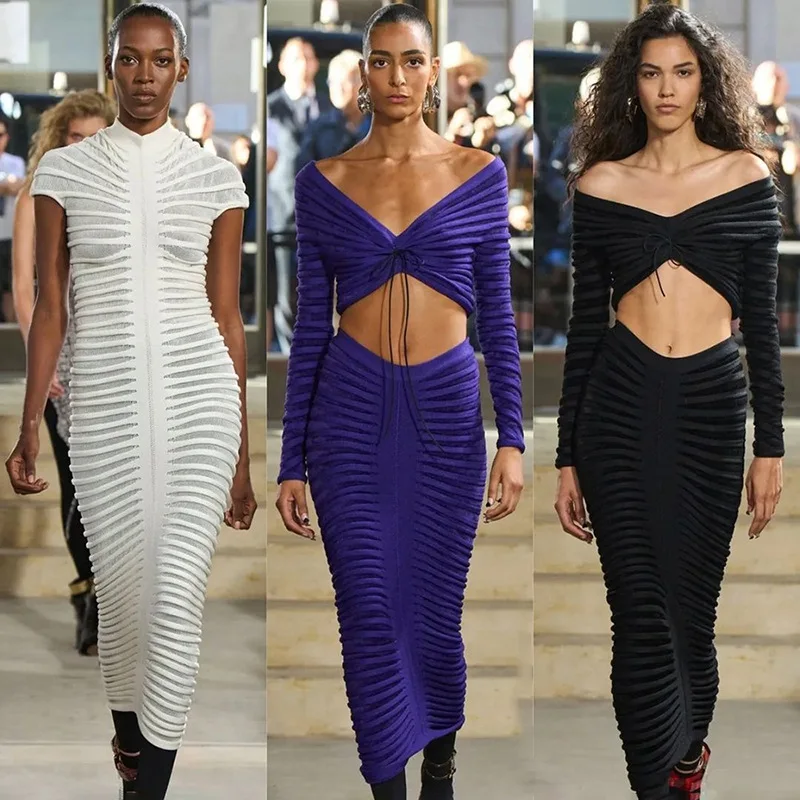 

Женский осенний новый однотонный повседневный вязаный топ с рюшами на животе, длинное платье, костюм в европейском и американском стиле, мода