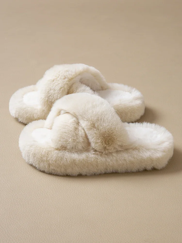 ZUOFU Damen Flauschige Pantoffeln mit Kreuzriemen, Herbst Winter, 4cm Plateau, EVA-Sohle, Warme Rutschfeste Indoor-Hausschuhe – Detail 1