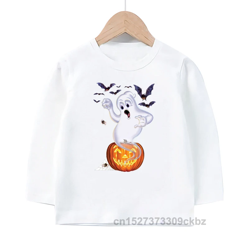 Spring Autumn Thin Section Halloween Costumes Girls/Boys Pumpkin With Ghost Print Long-sleeve T-shirt Halloween Clothes For Kids