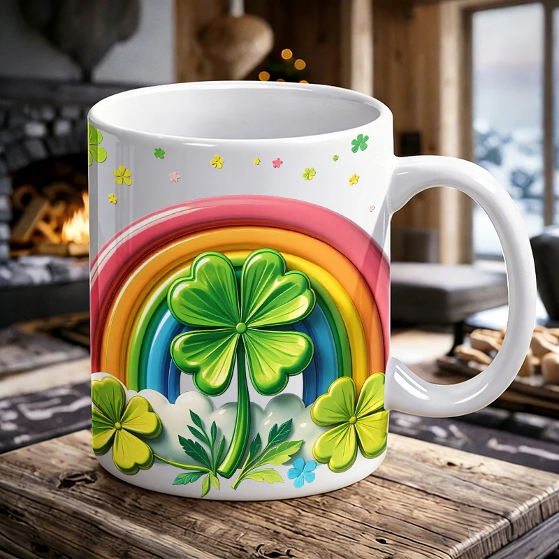 

Cute Rainbow Four-Leaf Clover Ceramic Mug, Coffee Cup, Milk Cup, Office Tea Cup, Drinking Cup, Fade-Resistant, Gift for Friends