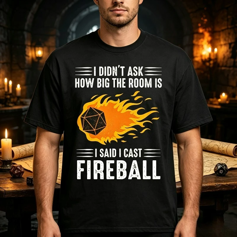 I DIDN'T ASK HOW BIG THE ROOM IS I SAID I CAST FIREBALL Dice Game Graphic T-Shirt Modal Soft Crewneck Tabletop Front Print Tee