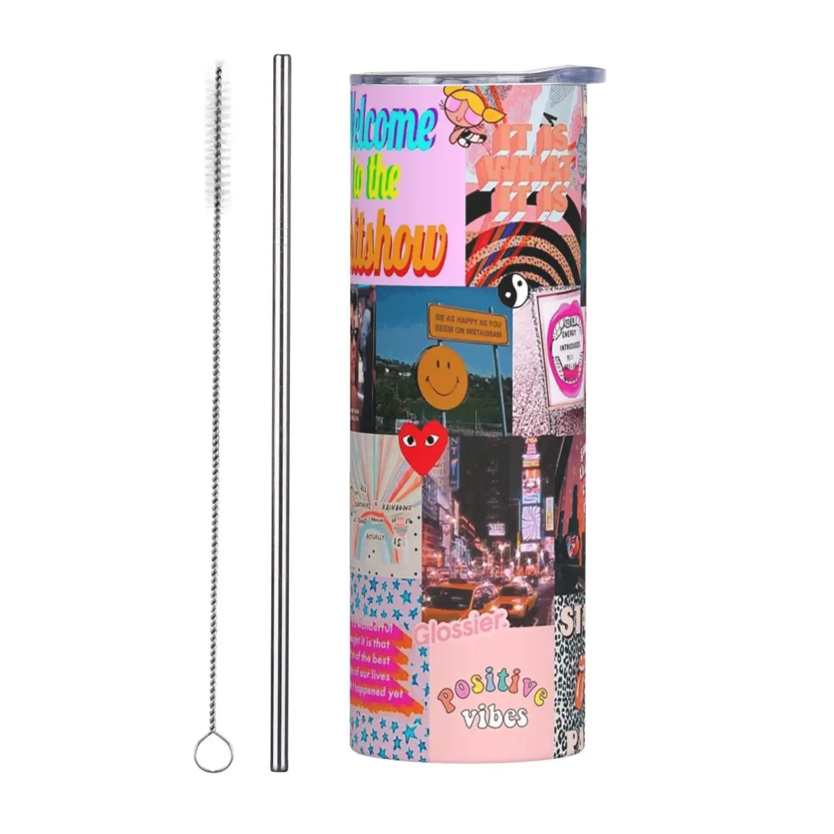 Vsco Collag Stainless Steel Tumbler Vacuum Insulated Mug Thermal Cold Cups Straws With Lid 20oz