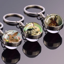 Rabbit Cute Keychain Animal Anime Keychains Cartoon Pattern Double Side Glass Ball Pendant Key Chain Children Gift Hare Keyring