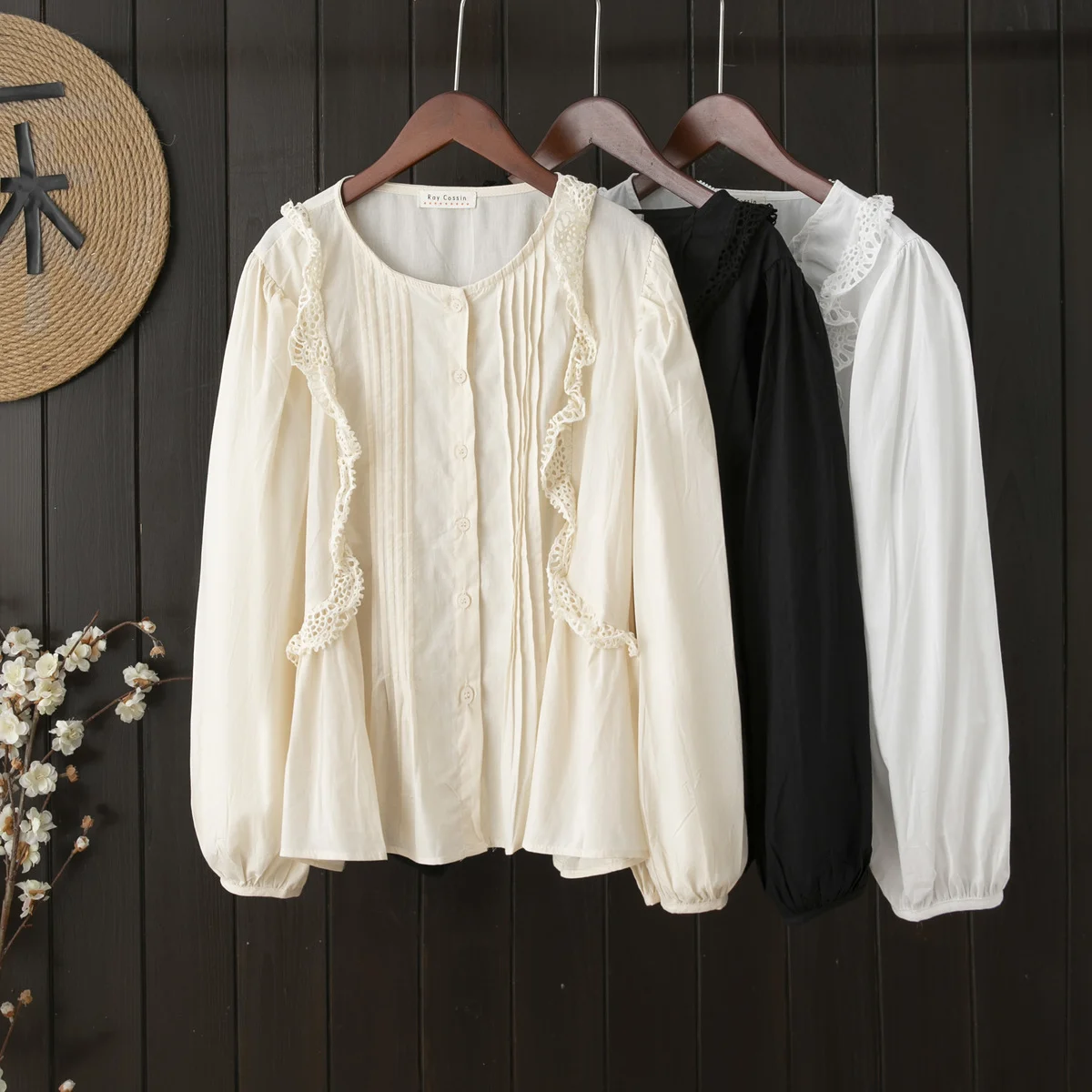 

Elegant and youth woman blouses female autumn spring Japan style long sleeve beige black white embroidery lace hollow shirts