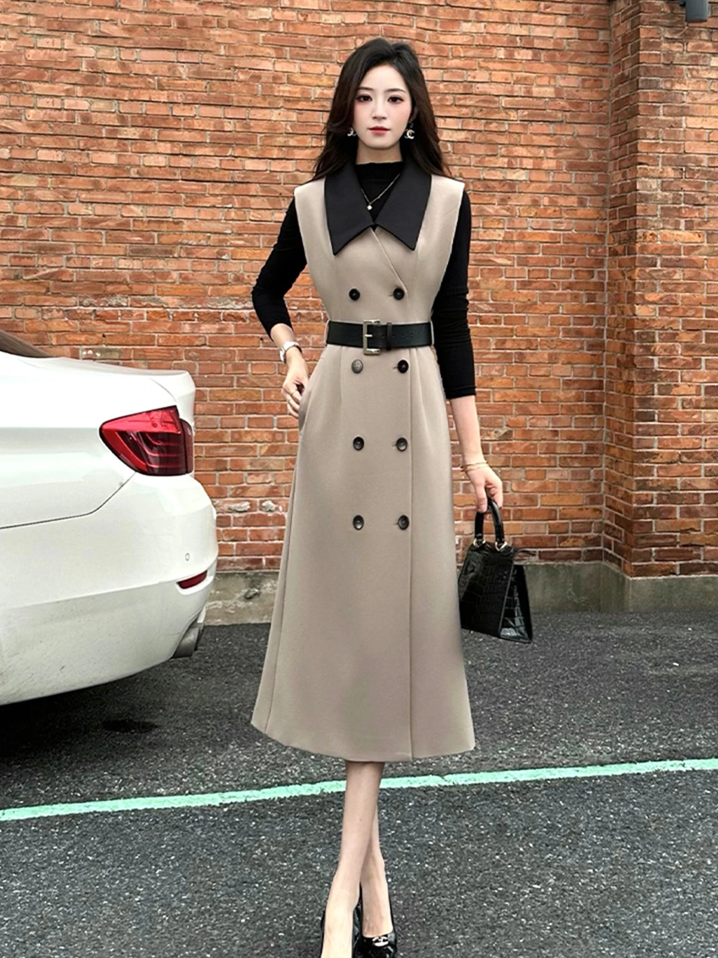 Elegant Double-Row Button Contrast Color Lapel Suit Vest Dress High Waist Commute Style Long Sleeve Polyester Fiber Women's D...