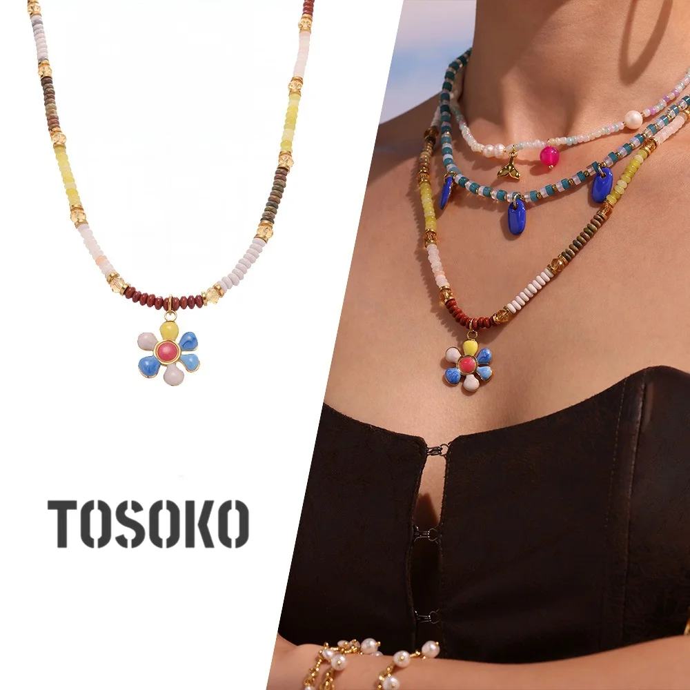 

TOSOKO Natural Stone Freshwater Pearl Bead Collarbone Chain Drip Oil Colored Flower Pendant Necklace P1273