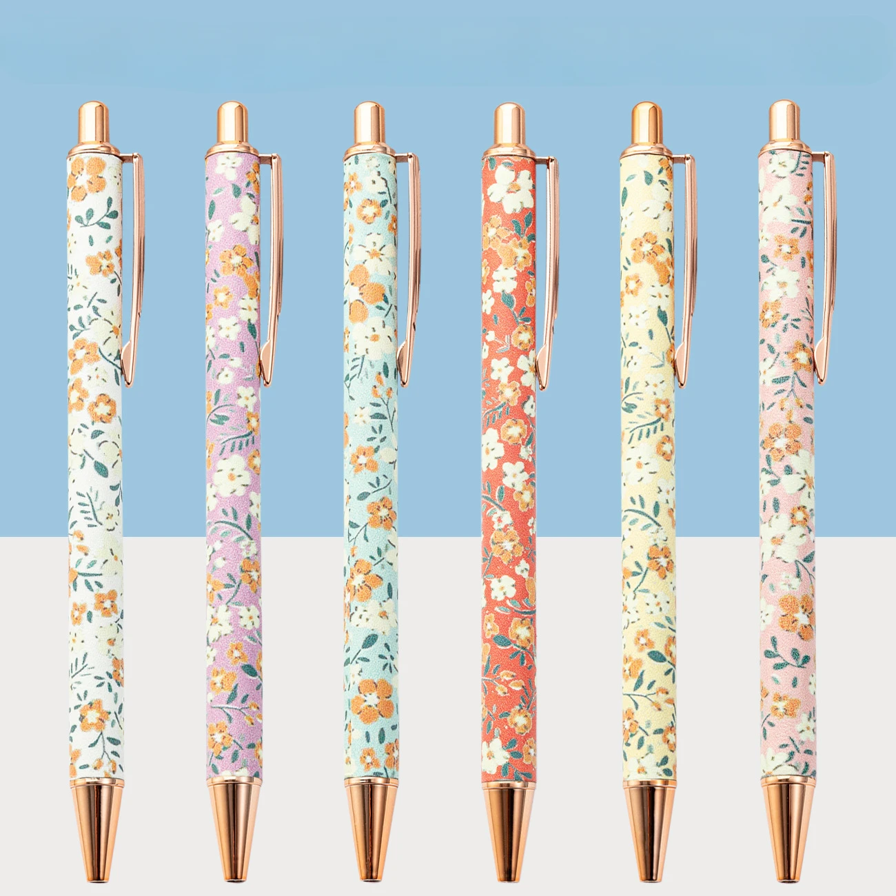 Colorful Floral Rose Gold Press Type Ballpoint Pens Durable Exquisitely Design Writing Supplies Frequently-used Stationery Items