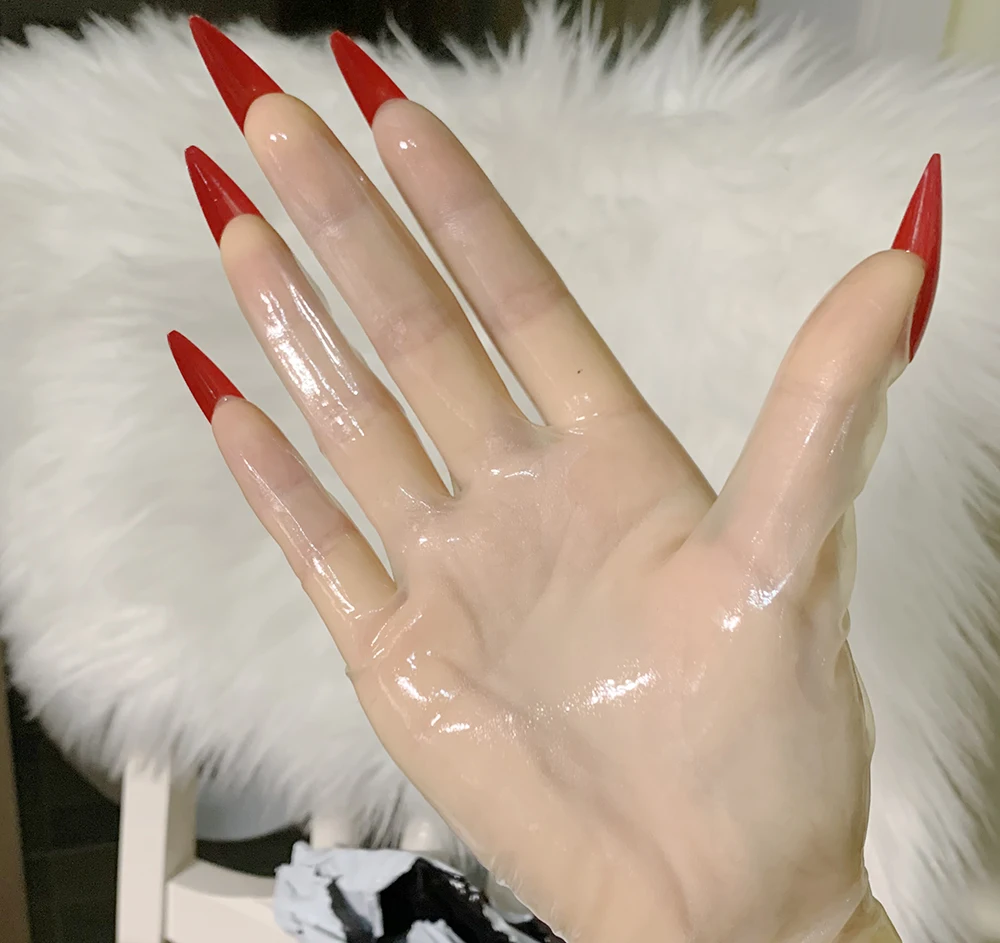 BIG SALE! Super Thin Crossdress Oil Shiny Glossy Transparent Sexy Men's Fetish Latex Rubber Cosplay Kigurumi Gloves With Nails - Image 4