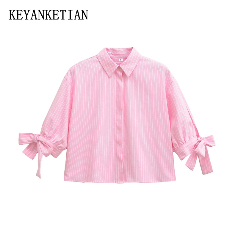 

KEYANKETIAN 2025 Summer New Women Bow Decoration Striped Shirt Leisure style Turn Down Collar Single Breasted Loose Top Blouses