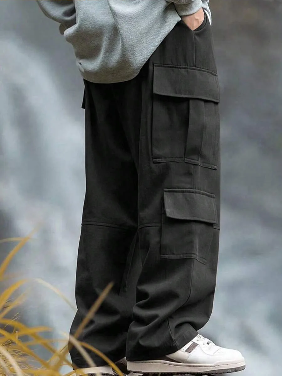 Men Straight Leg Cargo Pants Spliced Design Multi Pockets Functional Loose Long Trousers Outdoor Casual Streetwear Bottoms