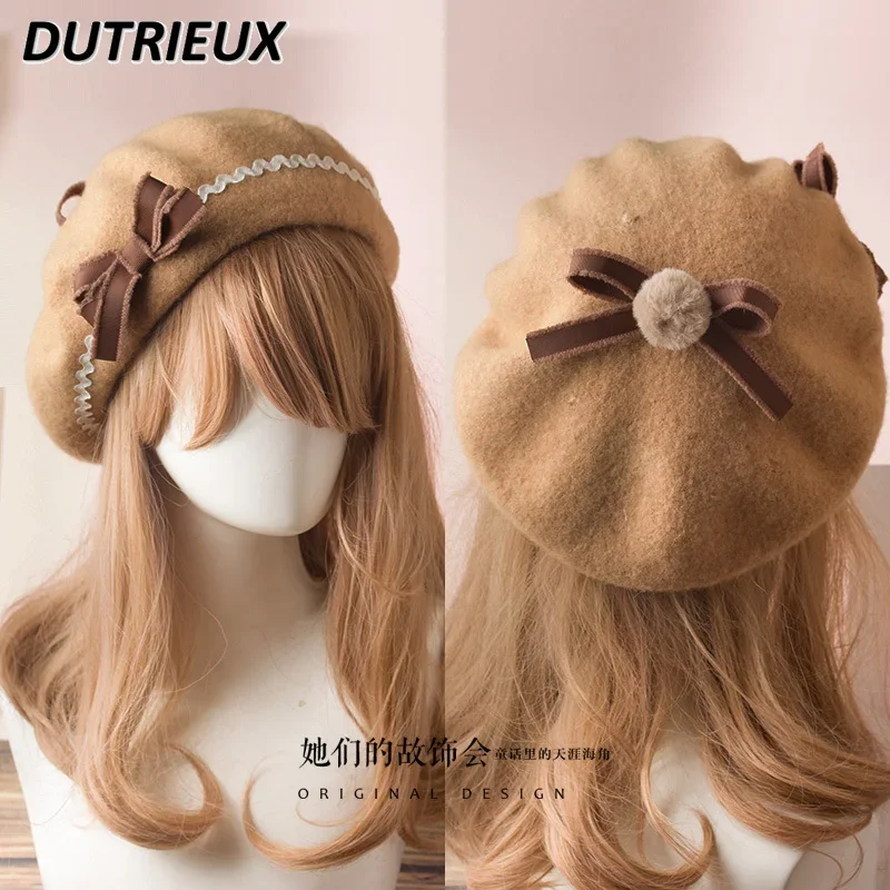 Japanese Hats Lolita Style Handmade Original Sweet Cute Wavy Bow Hairball Beret Fashion Elegant Berets Caps for Women