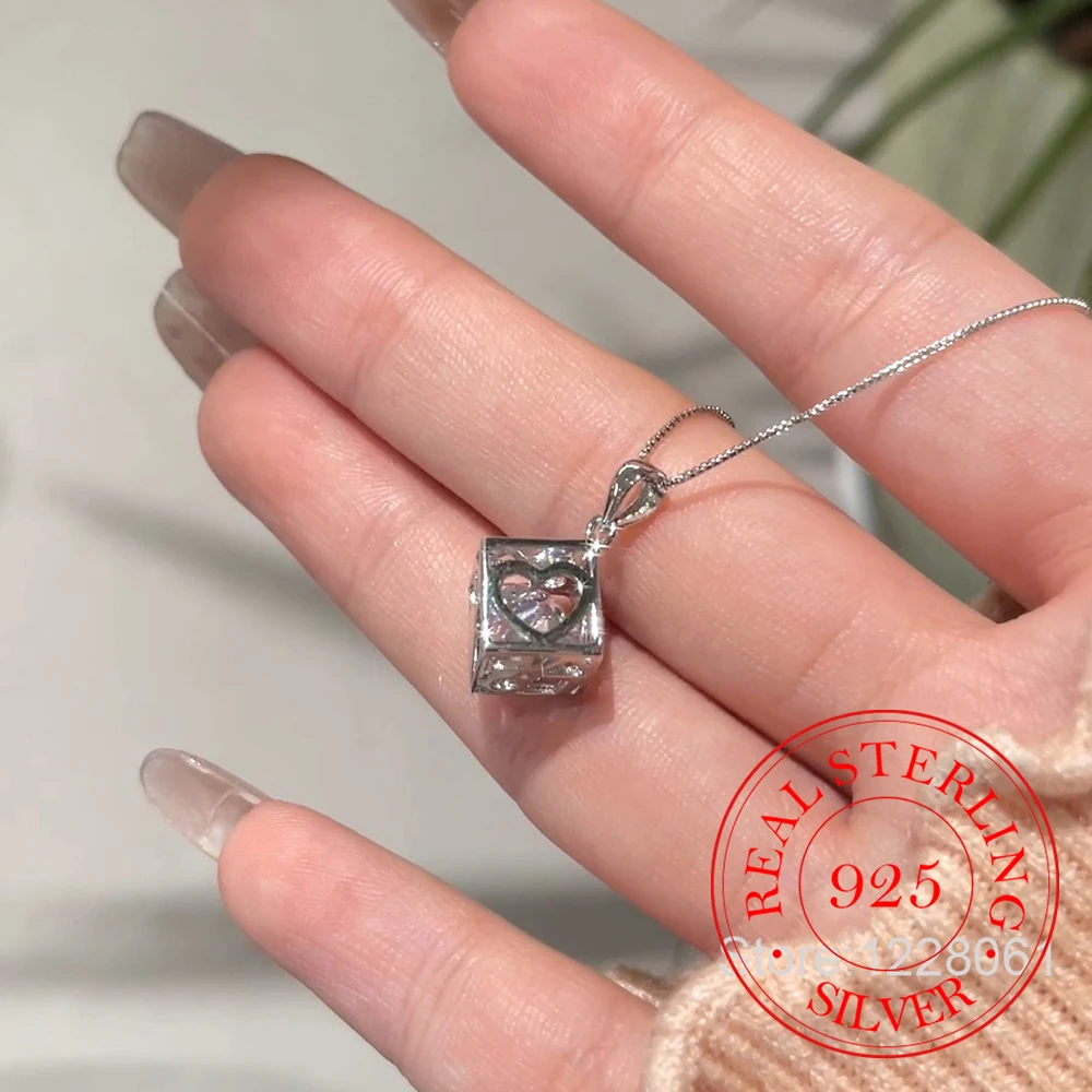 

925 Sterling Silver New Ladies Fashion Jewelry Luxury Crystal Heart Square Pendant Necklaces For Women Length 45CM