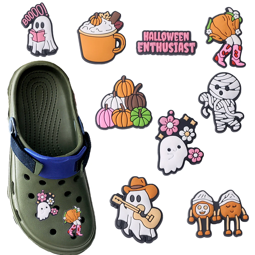 Hot Sales 9pcs Cartoon Halloween Cute Ghost Series PVC Shoe Accessories DIY Detachable Wristbands Shoe Decorations Gifts