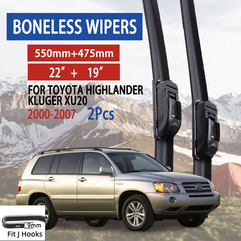 

For Toyota Highlander Kluger XU20 2000-2007 Car Windshield Wiper U-type Soft Rubber Frameless Bracketless Car Wipers 22"+19"