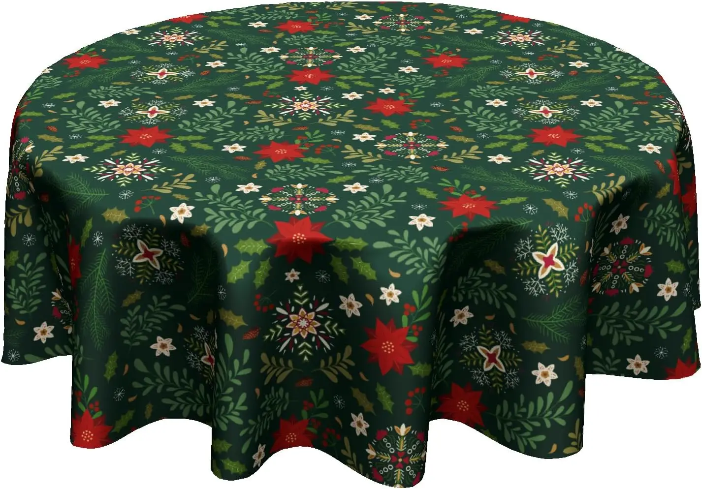 Xmas Table Cloth Round - Snowflake Tablecloth Winter Poinsettia Floral Table Cover for Dining Kitchen Picnic Party Decor 60 Inch