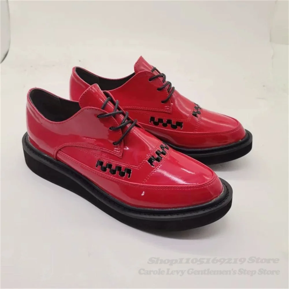 Leopard Print Pointed Toe Single Shoes Men Red Patent Leather Thick Heel Buckle Color Blocked Unisex Lace Up Leather Shoes