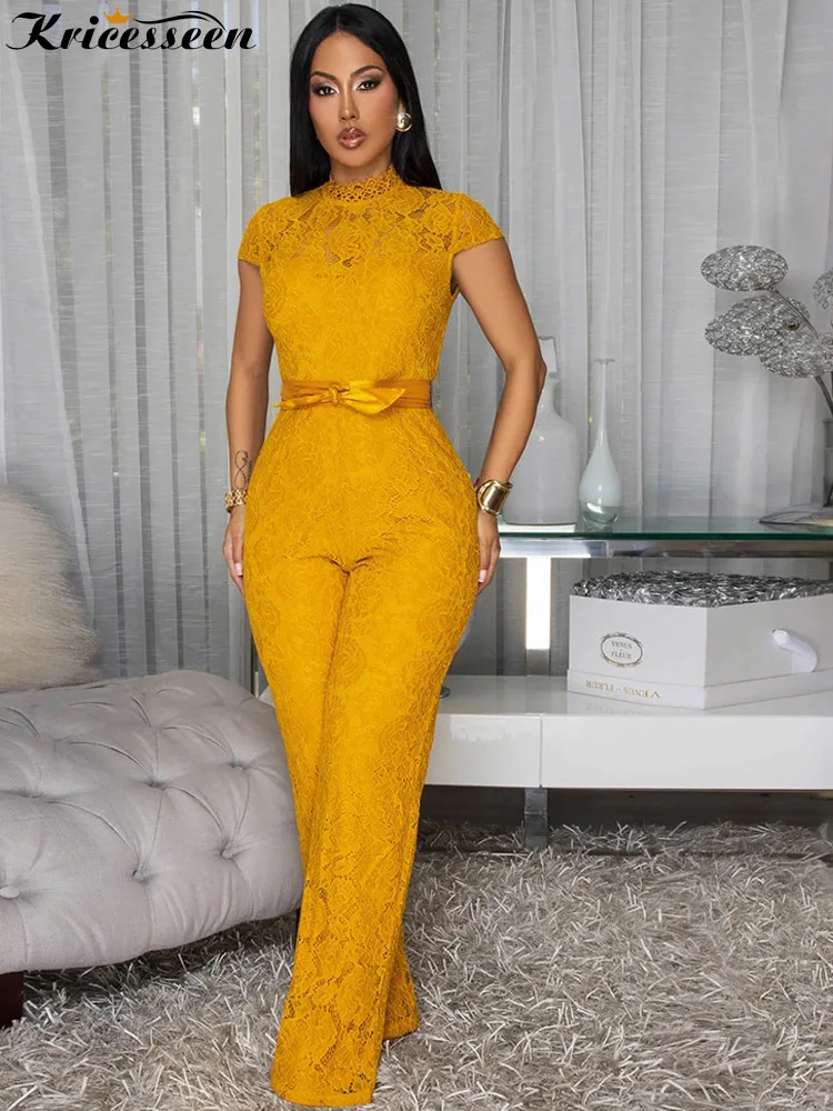 

Kricesseen Elegant Yellow Belted High Waist Lace Jumpsuits New Chic Mustard Hollow Out Crochet Jumpsuit Party Birthday Outfits