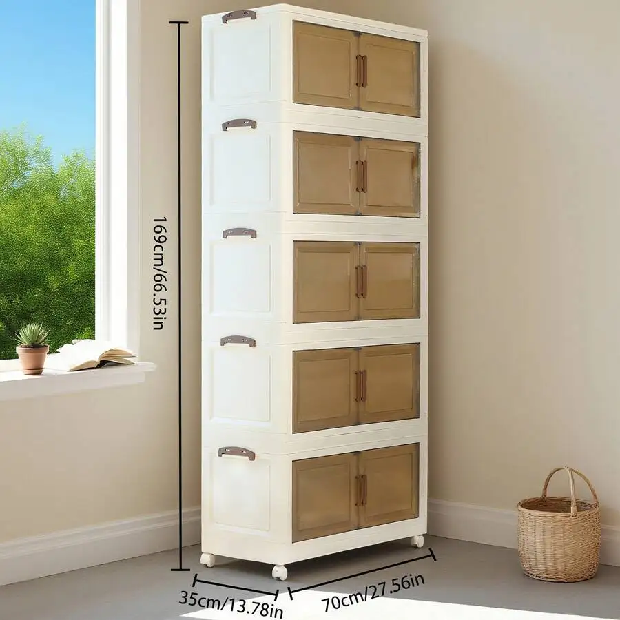 Tool Free Assembly, Foldable And Stackable Storage Cabinet, Multi-Layer Large Capacity Independent Cabinet Organizer With Wheels