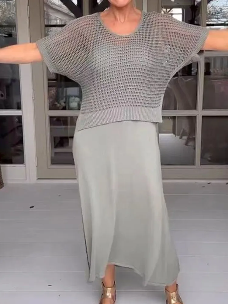 

Новинка 2026: Сексуальный комплект в стиле Y2K для женщин – укороченный топ с вырезами из сетки и платье на бретельках, комплект из двух предметов