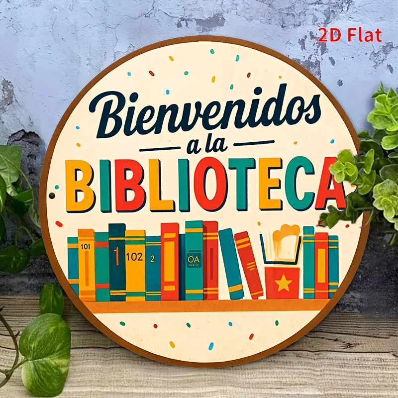 Letrero Redondo de Madera Vintage 2D Plano 2026 con la Frase 'Bienvenidos a la Biblioteca', Arte de Pared con Estética Retro de Biblioteca, Decoración Colorida para Estantería