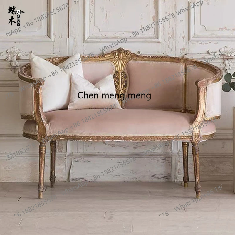 

French retro gold old solid wood double three-person sofa, velvet carved reception chair sofa
