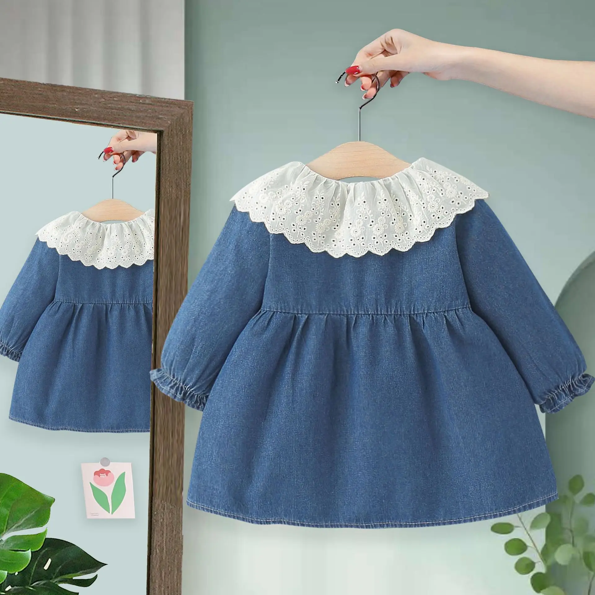 봄 가을 아기 소녀 드레스 신생아 소녀 캐주얼 옷깃 긴 소매 데님 복장 복장 유아 소녀 아기 의류 Vestidos