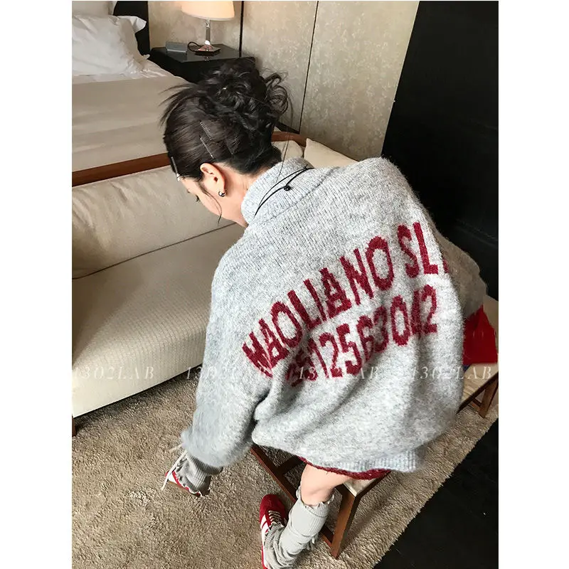 

Grey Letter Drawstring Pullover Sweater Jumper Sueters De Mujer Winter Clothes Women Knit Tops Grunge Subcultural American
