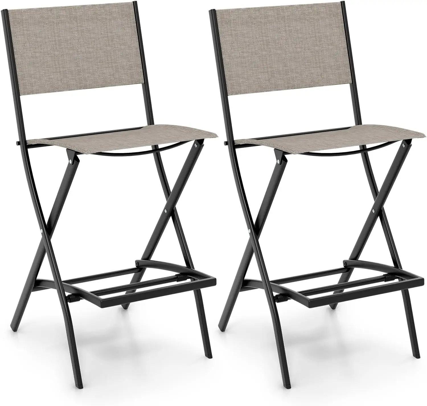 Giantex Folding Patio Bar Chairs Set Of 2, Outdoor Counter Height Bar Stools With Footrest & Back, All-Weather Resistant, Metal